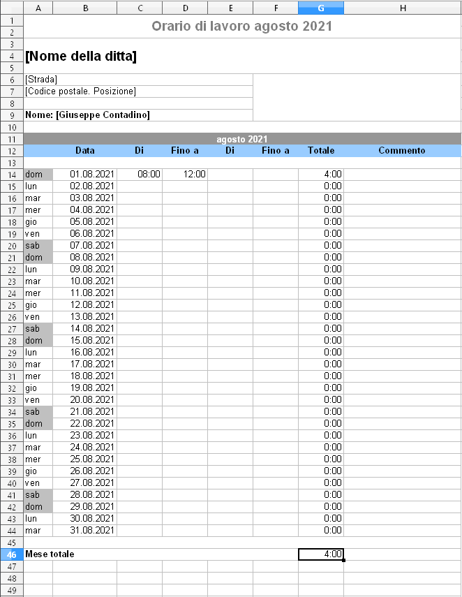 Tracciamento ore con Excel Stundenzettel