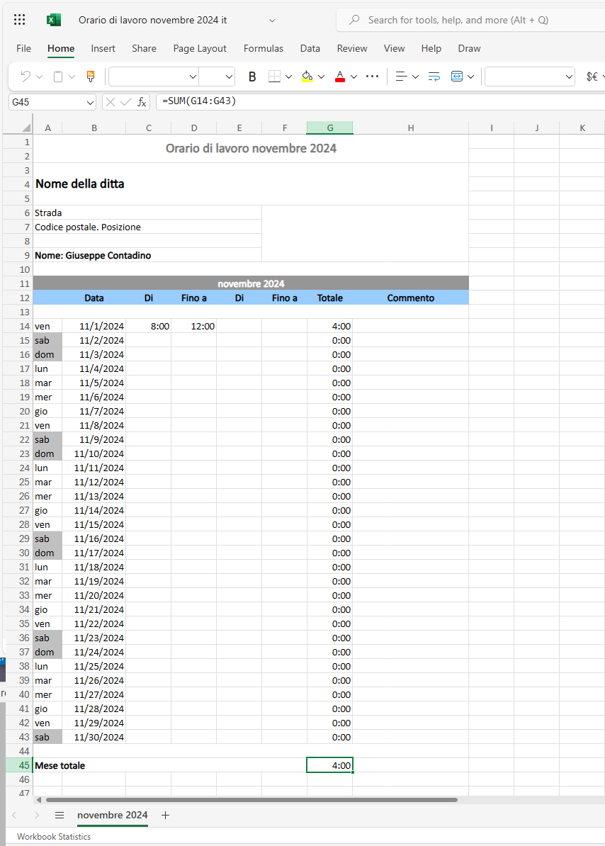 Microsoft Excel elenco delle ore